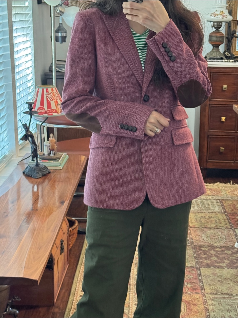 J. Crew Wool Blend Plum Herringbone Blazer with Elbow Patches Size 2